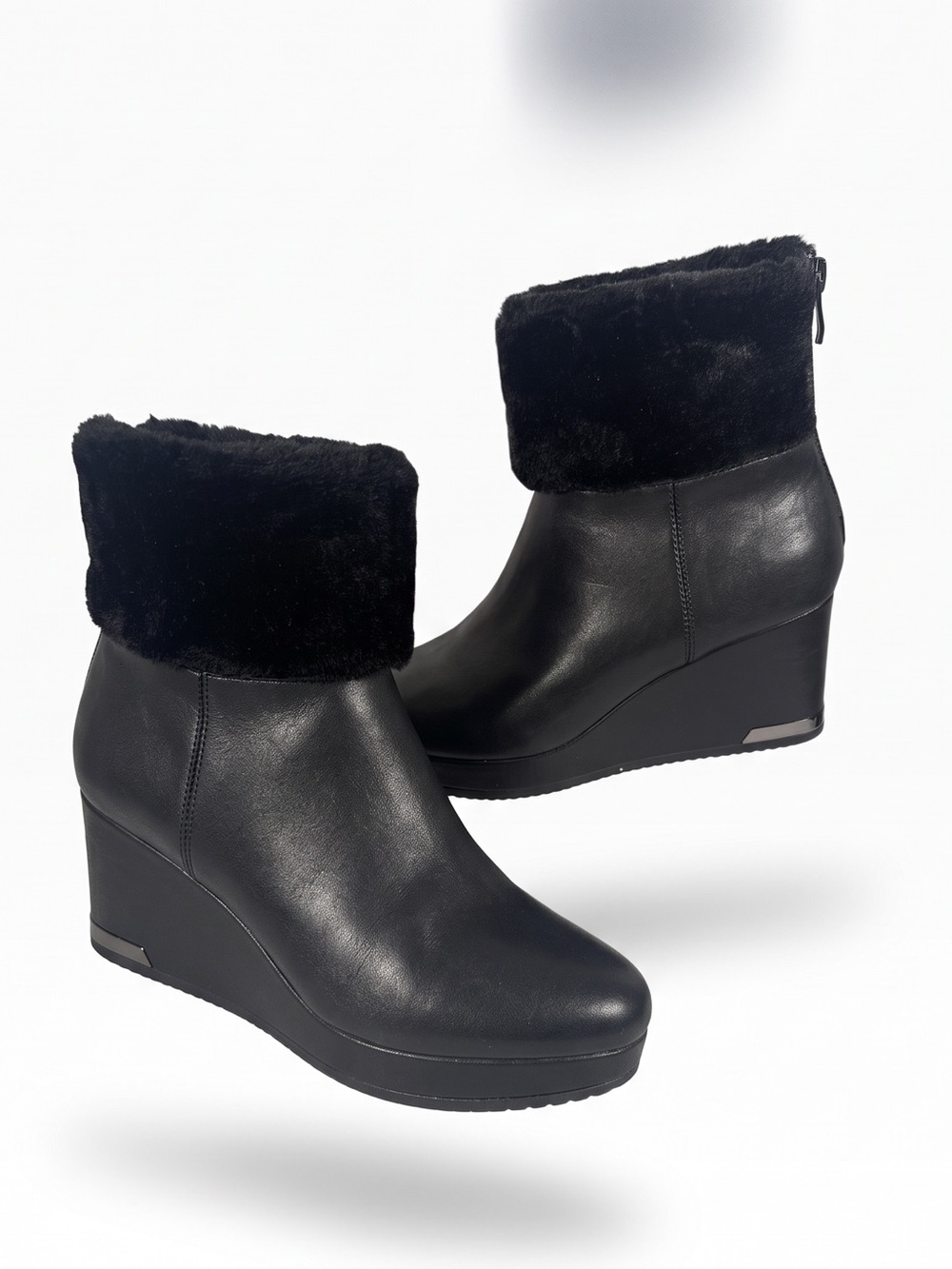 DKNY Black Faux-Fur Wedge Ankle Boots